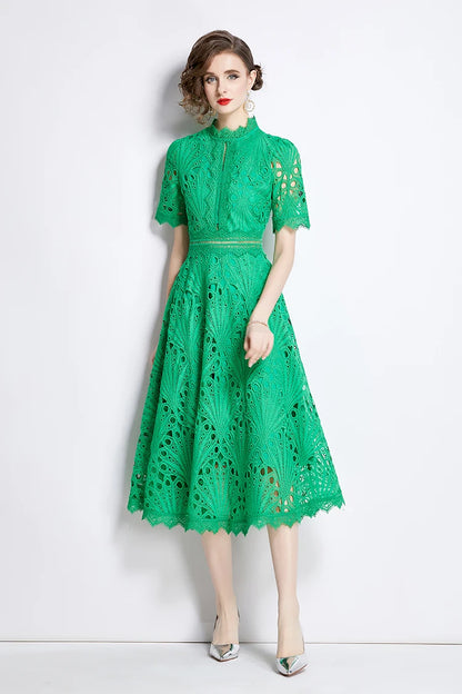 H Han Queen Spring New Elegant Casual Work Party Dresses Floral Crochet Hollow Out Lace Patchwork Casual Office Midi Dress - Smarsty