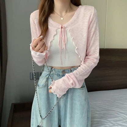 Summer Women Thin Sunscreen Cardigan Lace-up Knitwear Tops Female Korean Style Lantern Sleeve Short Coat Casual Sun Protected - Smarsty
