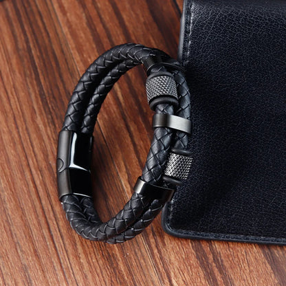 Men's Leather Charm Bracelet Stainless Steel Magnetic Clasp - Smarsty