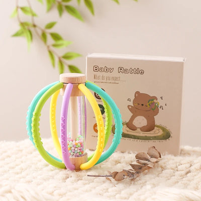 Baby Rattle Toy Wooden Rain Drum With Silicone Baby Sensory Touch Toy Newborn Dental Care Gum Anti-eating Hand Molar Stick Gif by Smarsty