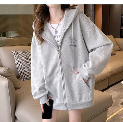 Women Embroidery Print Sporty Chic Hoodies Casual Zip Up Long Sleeve Loose Jacket Coats Harajuku Hooded Sweatshirts Streetwear - Smarsty