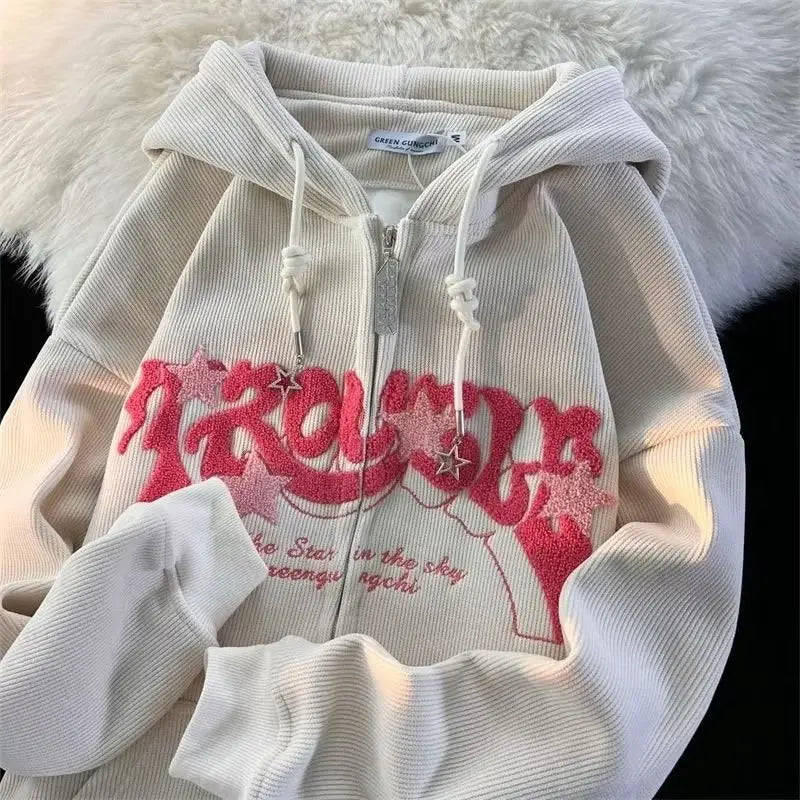 Autumn Long Sleeve Hooded Tops Fashion Zipper Embroidery Y2K Harajuku Streetwear Hoodies Jackrts Women Loose New Sweatshirts