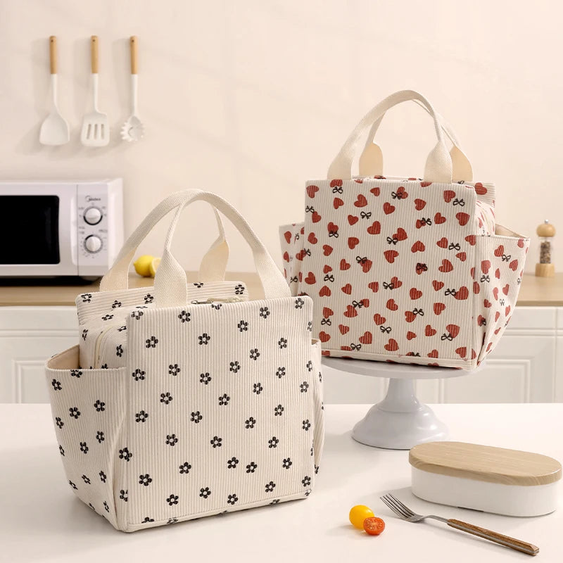 Corduroy Lunch Bag With Thermal Insulation Cooler Pack - Smarsty