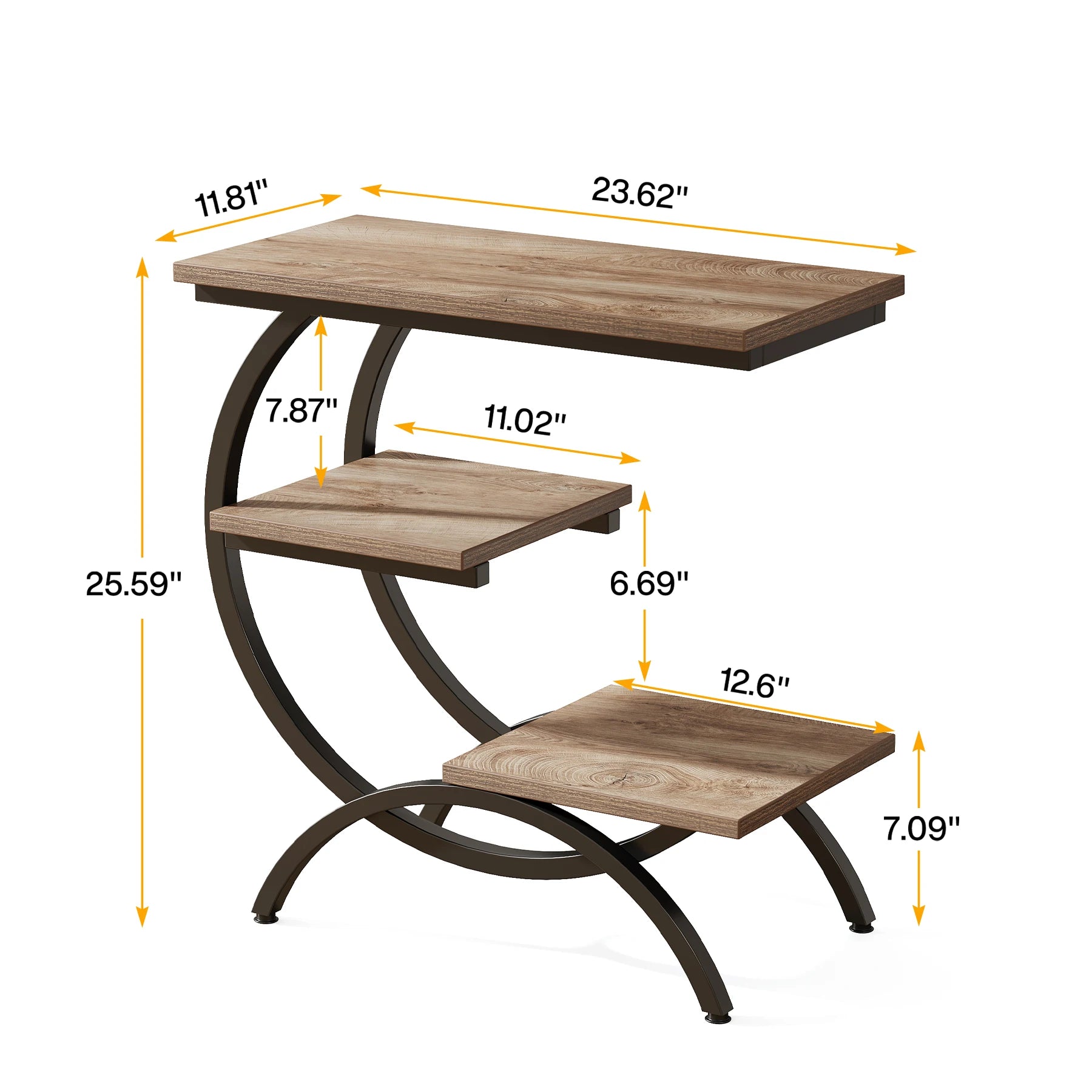 Tribesigns C-Shaped End Table, Industrial 3-Tier Small Table for Couch, Wood Bedside Table Snack Table with Storage Shelves