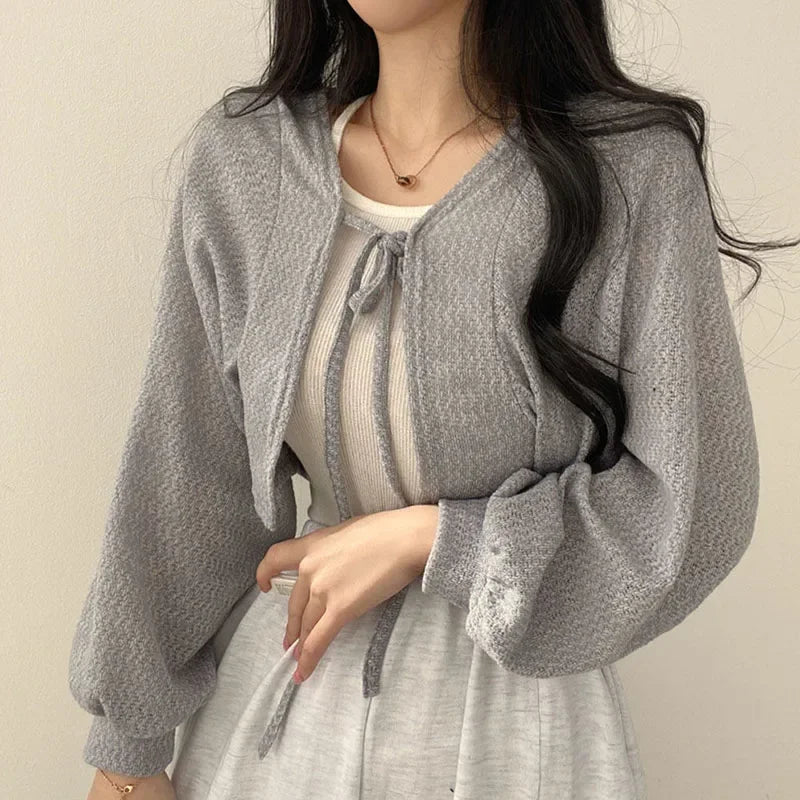 White Knitted Cardigan for Women Summer Thin Sunscreen Lace-Up Knitwear Tops Female Fashion Korean Lantern Sleeve Short Coat - Smarsty