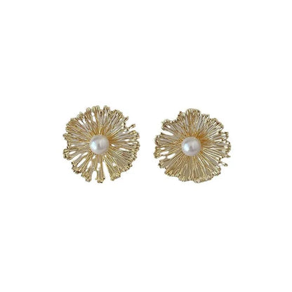 Pearl Stud Earrings Metal Flower Design Gold Color - Smarsty