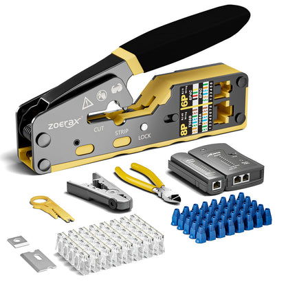 ZoeRax 8 in 1 RJ45 Cat6 Cat5e Crimp Tool Kit RJ45 Crimping tool,Cable Tester,Wire Cutter,Blades,50Pcs Cat6 Connectors and Boots