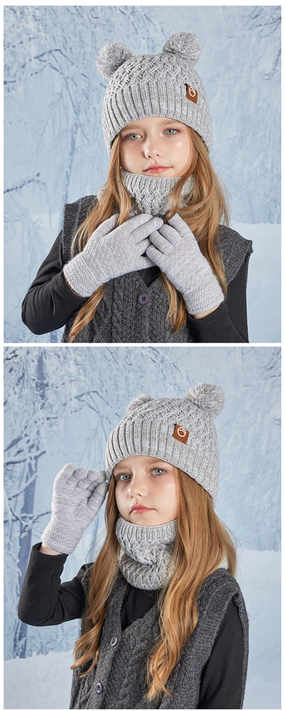 Winter Kids Hat Set Warm Beanie Scarf Gloves Pompom Fleece - Smarsty