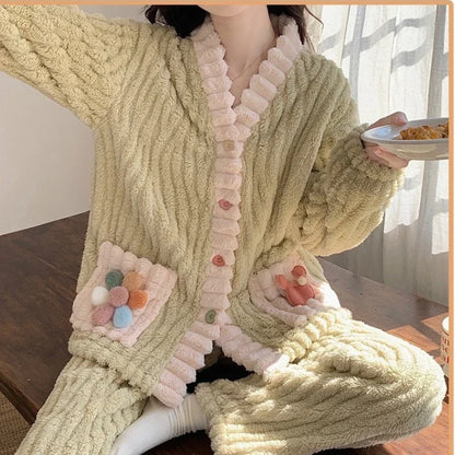 Thickened Warm Flannel Women Sleepwear Loungewear Cardigan Suit Winter Sweet Kawaii Soft Fairy Wind Ladies Pajamas Homewear - Smarsty