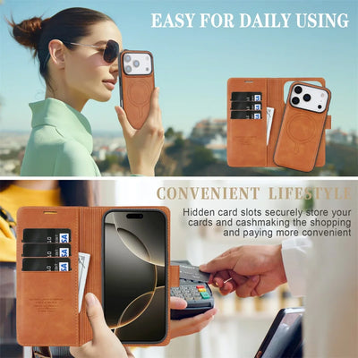 2 in 1 MagSafe Magnetic Leather Phone Case for IPhone 17 Air 16 Pro Max 15 Plus 14 13 12 16E Card Slots Wallet Protective Cover
