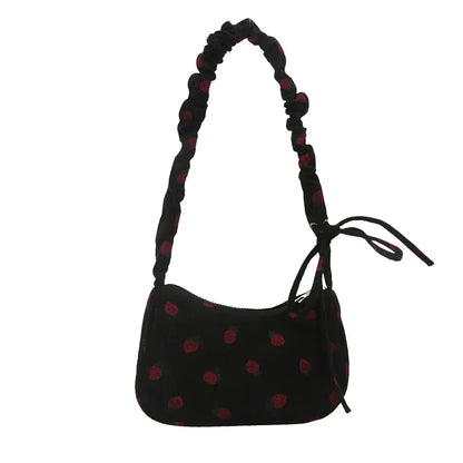 Corduroy Underarm Bag For Women Strawberry Print Mini Tote - Smarsty