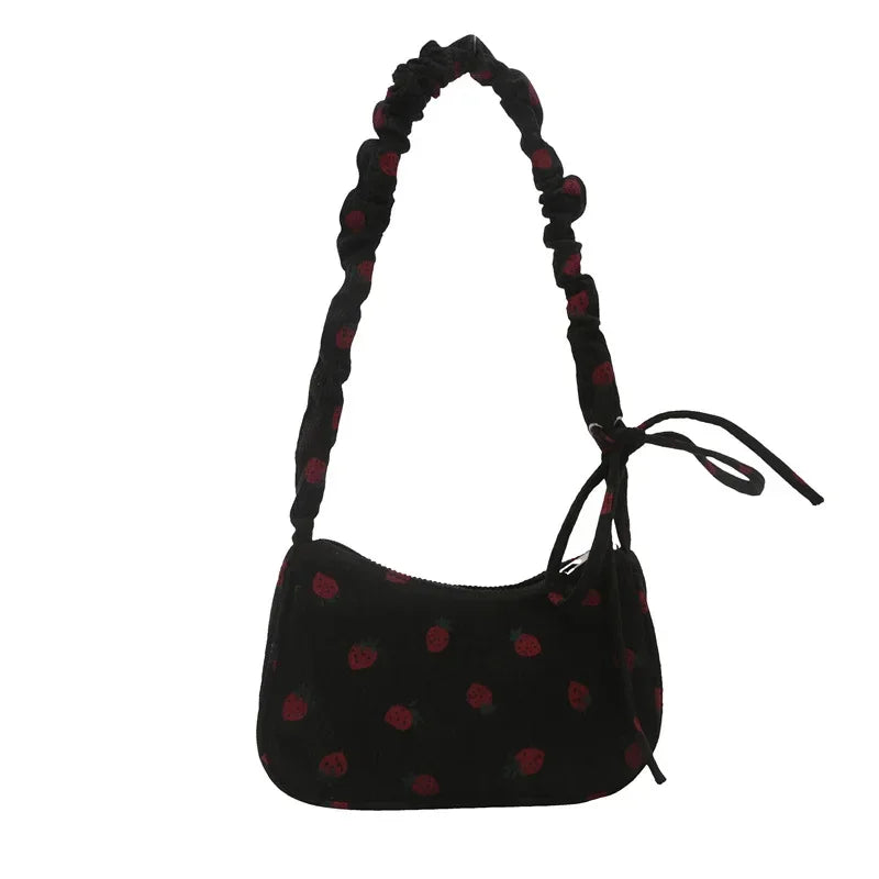 Corduroy Underarm Bag For Women Strawberry Print Mini Tote - Smarsty
