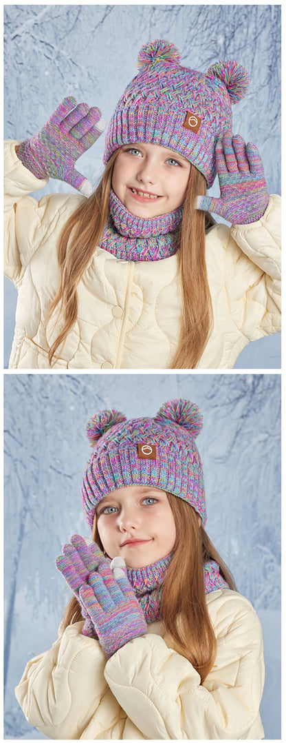 Winter Kids Hat Set Warm Beanie Scarf Gloves Pompom Fleece - Smarsty