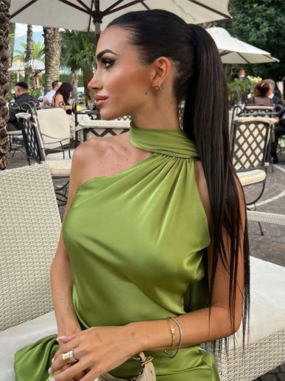 Elegant Solid Ribbon Women Halter Dress Off Shoulder Sleeveless Backless Slim Female Maxi Dresses 2025 Summer New Chic Lady Robe - Smarsty