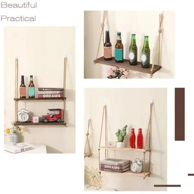 Wooden Floating Shelves for Wall Plant Flower Wood Swing Hanging Rope Storage Home Living Room Decor 1/2/3-tier by Smarsty