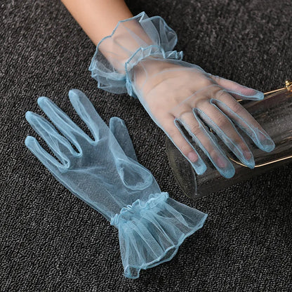 Women Lace Tulle Gloves Stretchy Full Finger Wedding Gloves - Smarsty