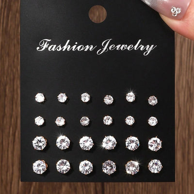 12 Pairs Zirconia Stud Earrings Gift Set Luxurious Shiny - Smarsty