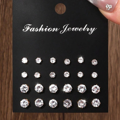 12 Pairs Zirconia Stud Earrings Gift Set Luxurious Shiny - Smarsty