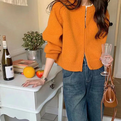 Autumn Winter Short Knitting Cardigan Women Solid Color Long Sleeve Round Neck Sweater Jacket 2025 Casual Zipper Sweater Coats - Smarsty