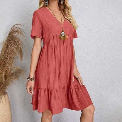 2025 Loose V-neck Short Sleeved Pleated Women Dress Solid Color A-line Beach Dresses Elegant Simple Comfortable Woman Clothing - Smarsty