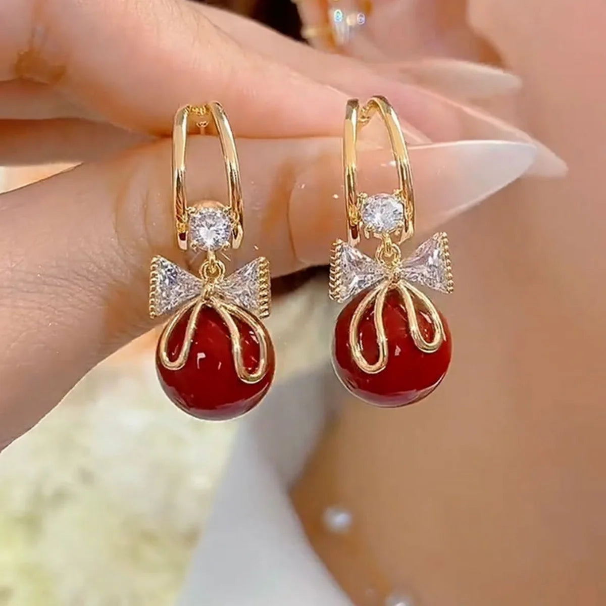 Korean Zircon Bow Drop Earrings with Imitation Pearl Flowers - Smarsty