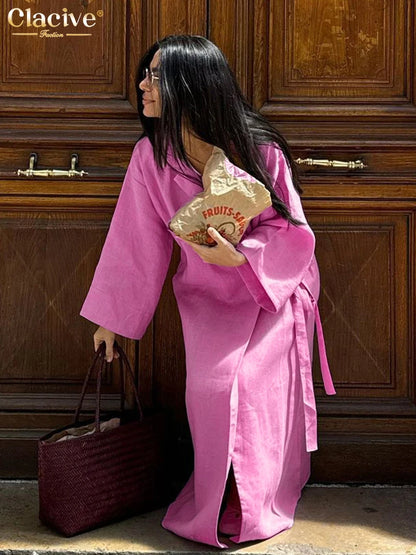 Clacive Casual Loose Pink Cotton Dress Ladies Fashion Lapel Long Sleeve Ankle Length Dress Elegant Lace-Up Dresses For Women - Smarsty