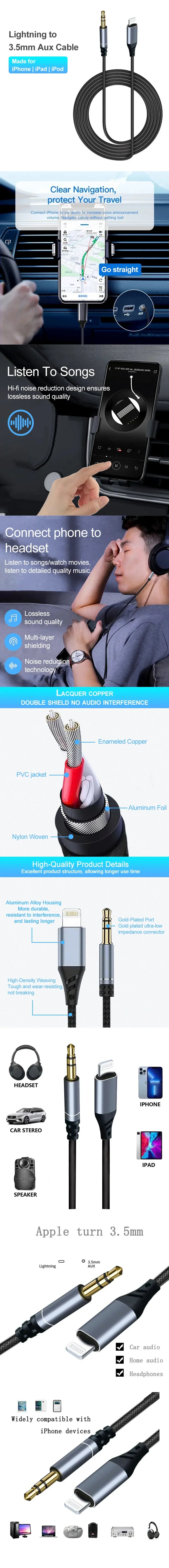 Lightning to 3.5mm AUX Cable for iPhone Audio Connection - Smarsty