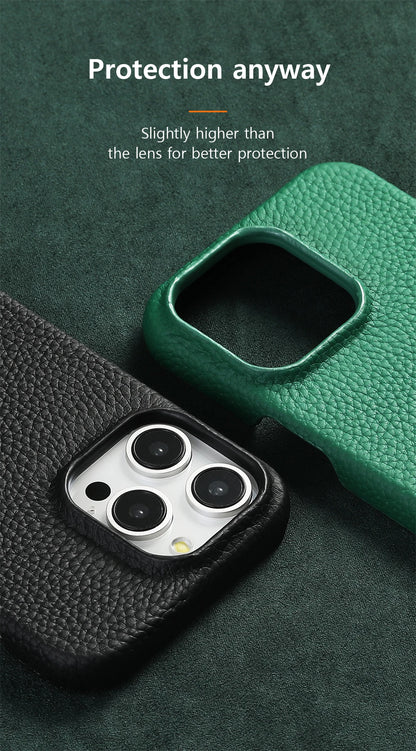 MagSafe Leather Case Natural Cowhide Lychee Finish Premium for iPhone 15, 16, 17 - Smarsty