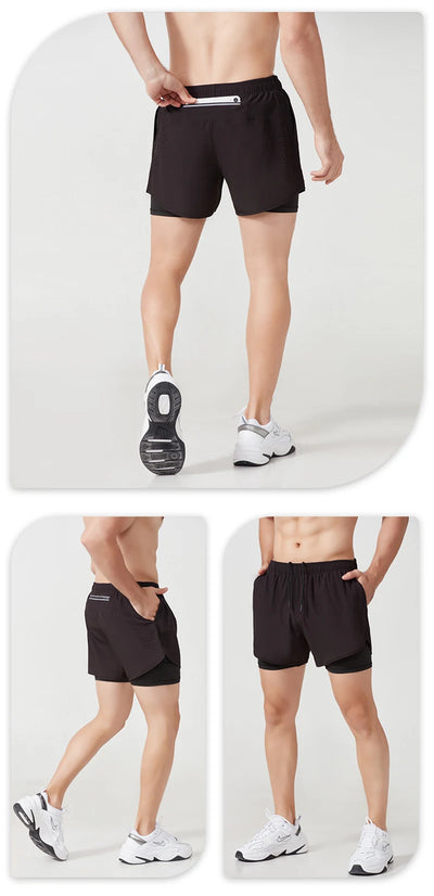 Men's Running Shorts Quick-drying Fitness Black Double Layer Shorts Men New Sport Workout Training Bodybuilding Short Pants - Smarsty