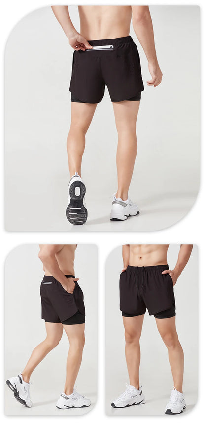 Men's Running Shorts Quick-drying Fitness Black Double Layer Shorts Men New Sport Workout Training Bodybuilding Short Pants - Smarsty