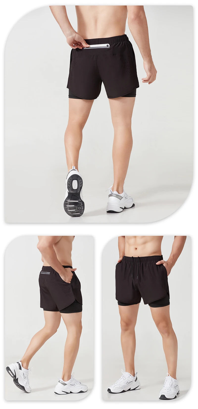 Men's Running Shorts Quick-drying Fitness Black Double Layer Shorts Men New Sport Workout Training Bodybuilding Short Pants - Smarsty