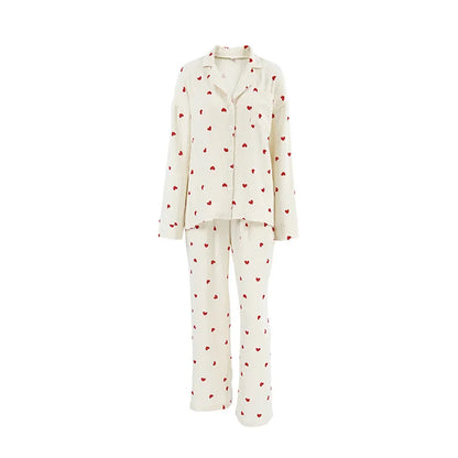 Summer New Love Heart Print Pyjama 100% Cotton Long Sleeve Set 2Pcs Outfit Lapel Sleepwear Button Down Women's Pajamas Nightwear - Smarsty