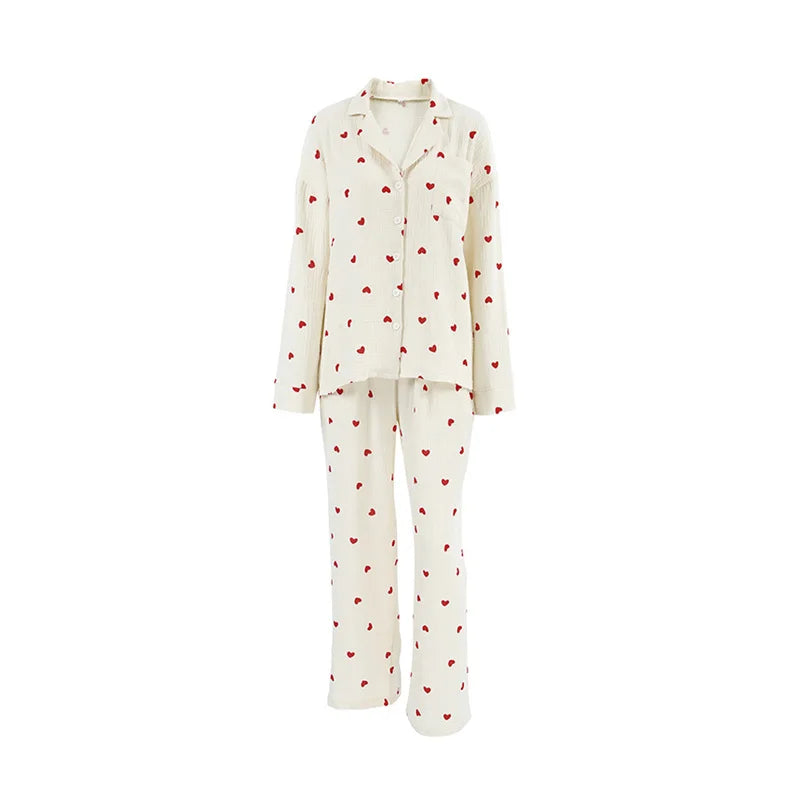 Summer New Love Heart Print Pyjama 100% Cotton Long Sleeve Set 2Pcs Outfit Lapel Sleepwear Button Down Women's Pajamas Nightwear - Smarsty