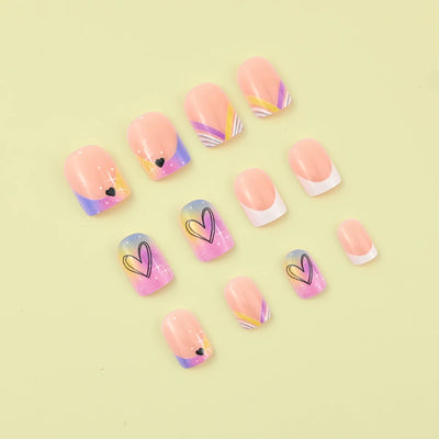 24 Piece Short Square Fake Nails with Colorful French Design - Smarsty