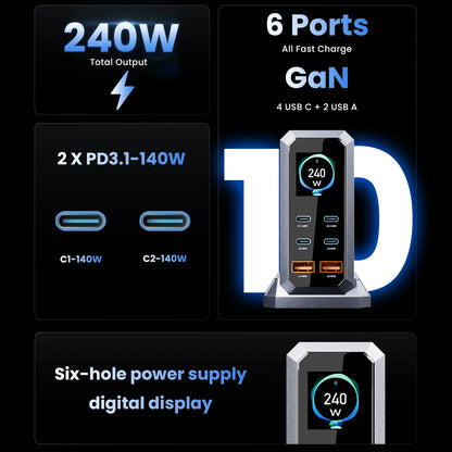GaN Charger PD 3.1 Six Port Desktop Fast Charging Station - Smarsty