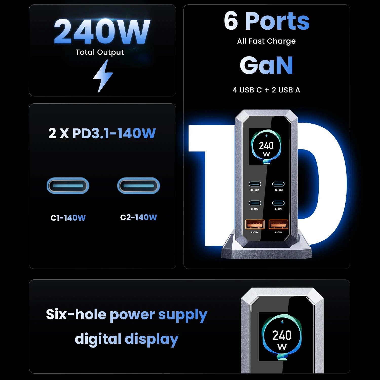 GaN Charger 6 Port USB C PD Desktop RapidChargeProMax - Smarsty