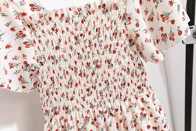 Spring Summer Chiffon Dress Women Midi DressesFemale Short Sleeve Elastic Waist Printed Floral Pleated Backless Casual Dress - Smarsty