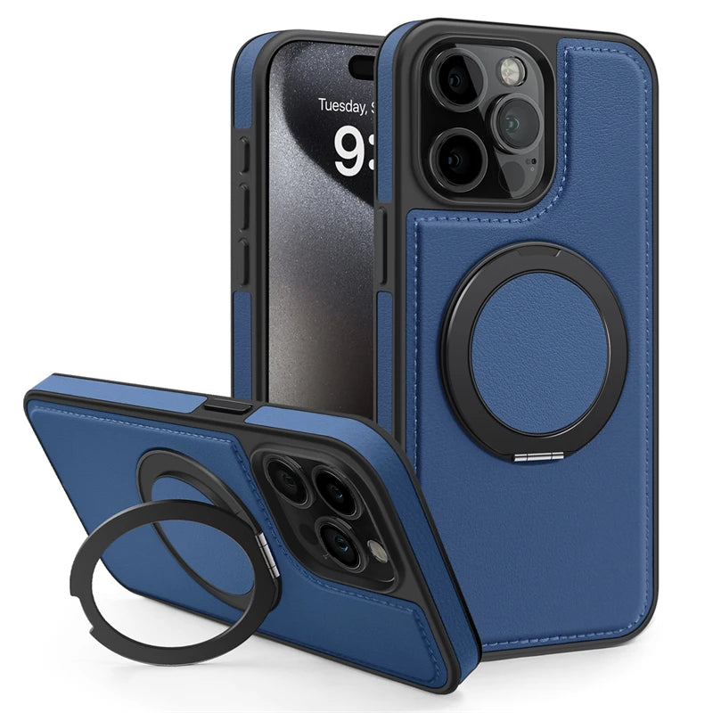 360 Rotating Metal Ring Stand Magnetic Leather Case for IPhone 17 Air 15 14 13 12 11 16 Pro Max Plus 15Pro Magsafe Holder Cover