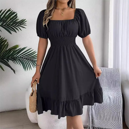 Women's MIidi Dresses 2024 Summer Casual Square Neck Short Sleeved Waist Ruffle Edge Dress Dress Women Elegant Платья Женские - Smarsty