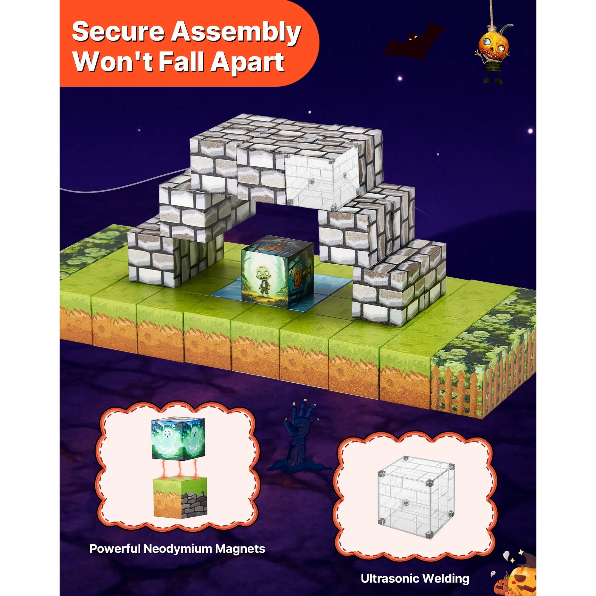 SucceBuy 100PCS Magnetic Blocks Cemetery Zombies Set Magnetic Building Cubes Construction Stacking Toys for Kids Birthday Gift