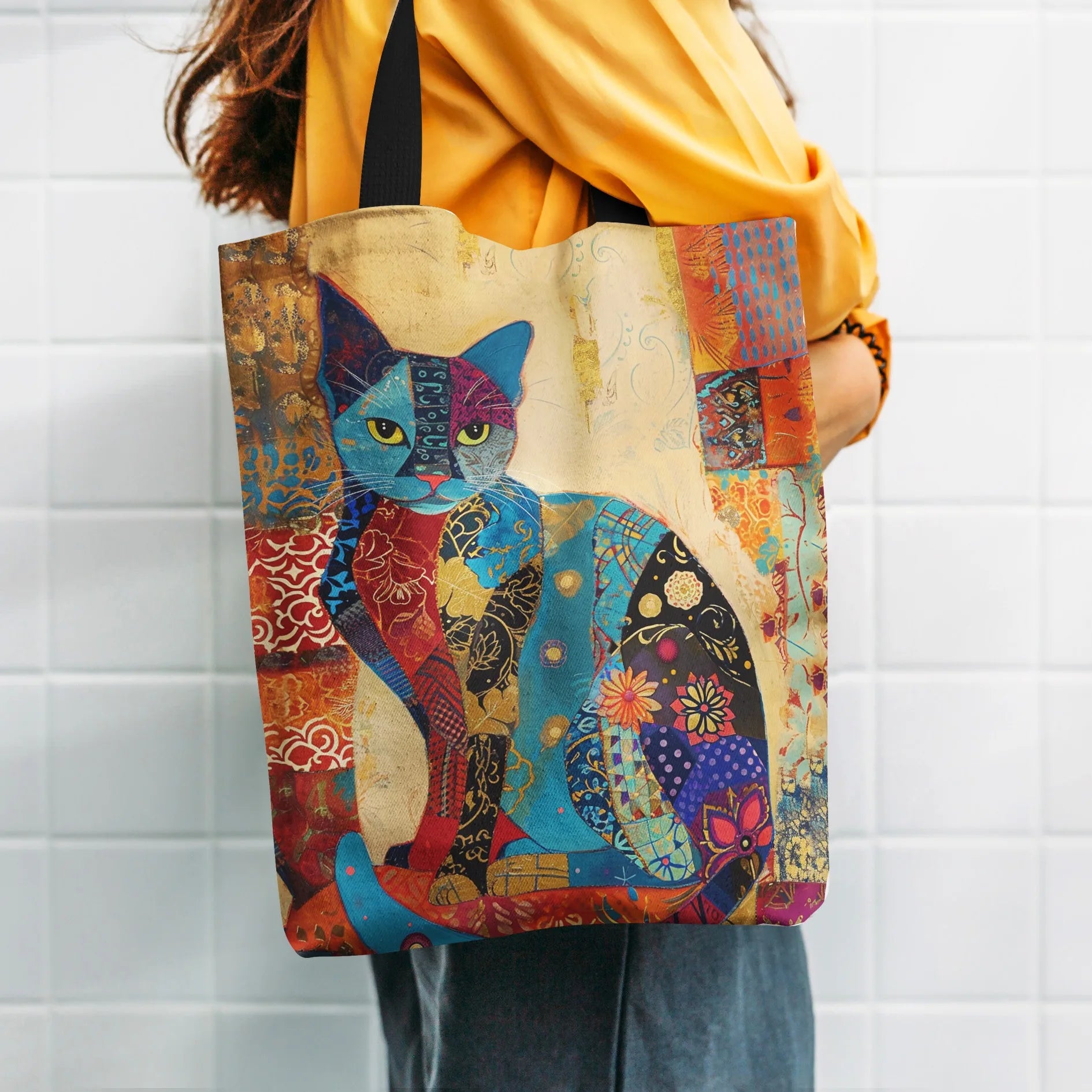 Floral Cat Pattern Tote Bag Canvas Lightweight Shoulder Bag - Smarsty