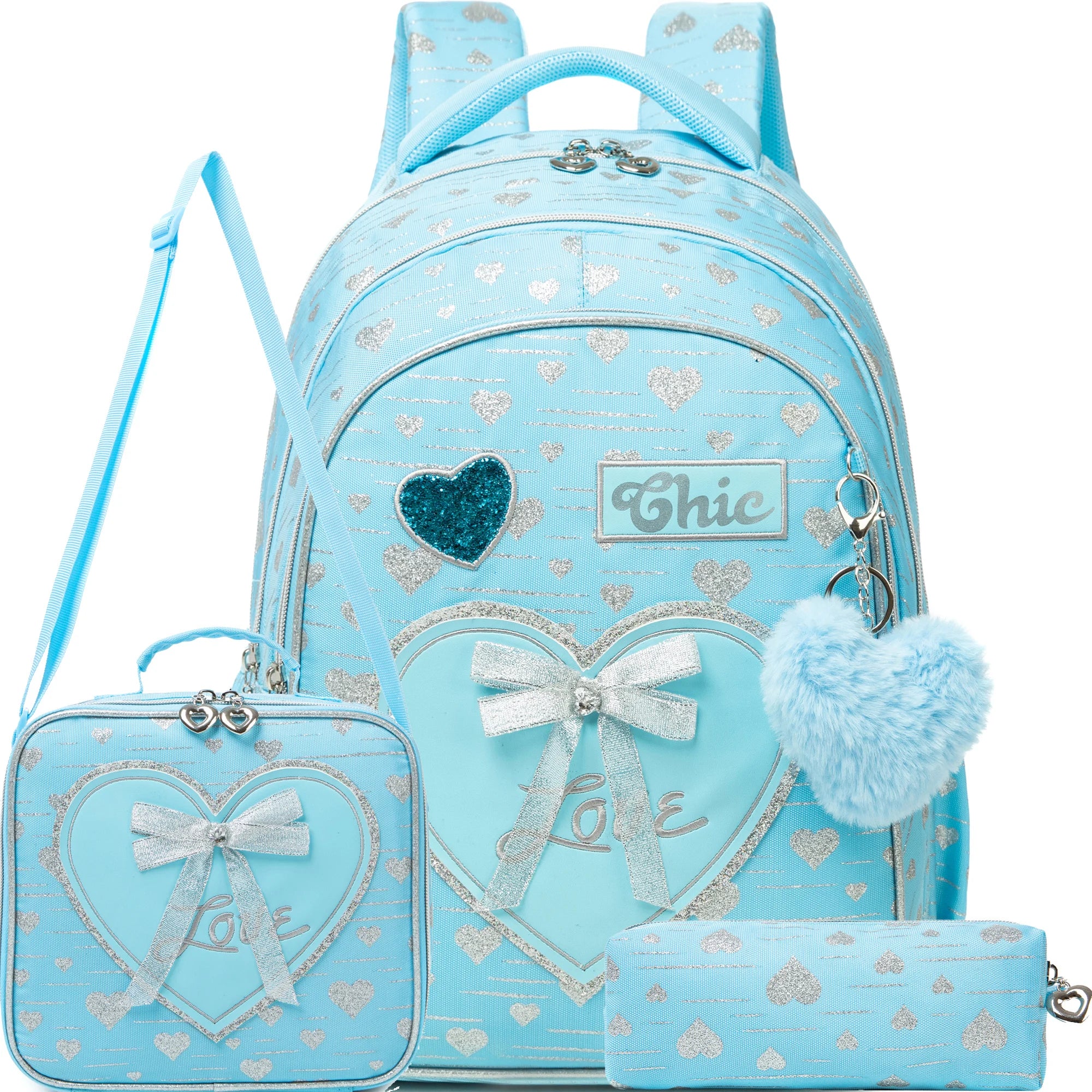 Girls Backpack With Bowknot Ribbon And Lunch Bag Pen Case - Smarsty