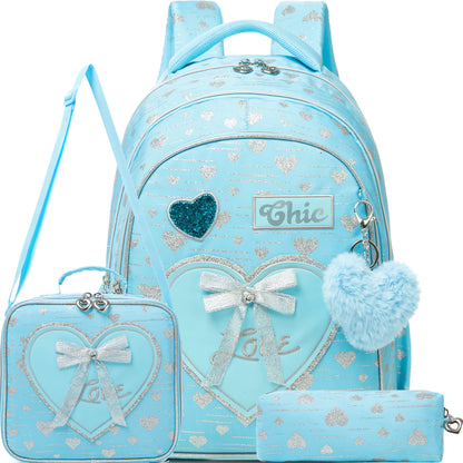 Girls Backpack With Bowknot Ribbon And Lunch Bag Pen Case - Smarsty