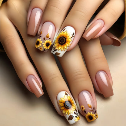 24 Piece Set Medium Long Press On Nails with Peach Flower Design - Smarsty