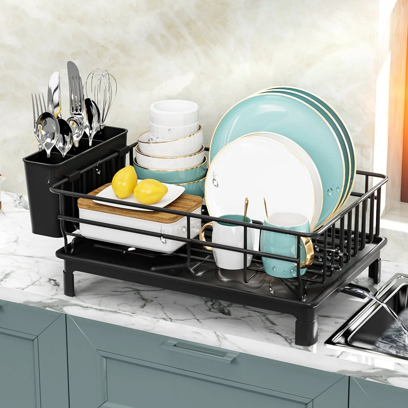 Single Layer Hollow Dish Rack Kitchen Countertop Rack with Drainage Tray Multifunctional Tableware Rack Rust Resistant Durable
