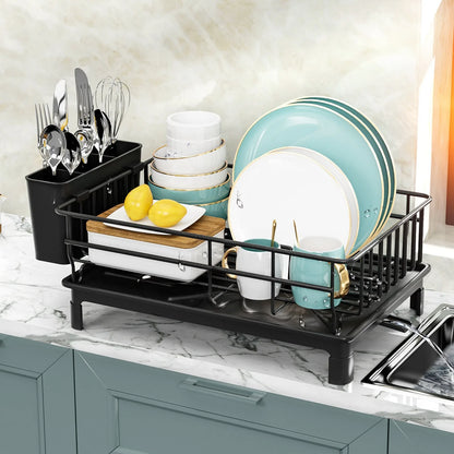Single Layer Hollow Dish Rack Kitchen Countertop Rack with Drainage Tray Multifunctional Tableware Rack Rust Resistant Durable