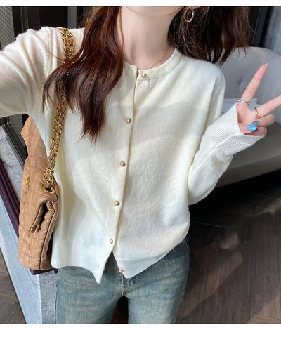 Solid Color Knitted for Women Cardigan Korean Single Breasted Long Sleeve Jumper Woman Round Neck All Match Cardigans Outwear - Smarsty