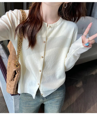 Solid Color Knitted for Women Cardigan Korean Single Breasted Long Sleeve Jumper Woman Round Neck All Match Cardigans Outwear