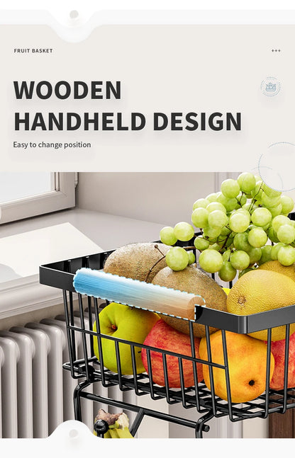 fruit basket vegetable basket,Metal storage basket with hook and wooden handle,Stackable and removable kitchen storage rack