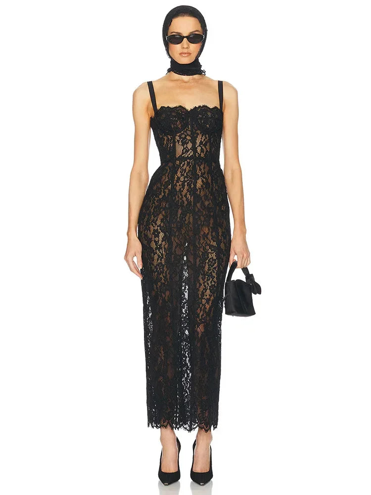 Sexy Spaghetti Strap Square Neck Lace Long Dress Women Black Floral Lace Sleeveless Bodycon Dresses Elegant Evening Celebrity